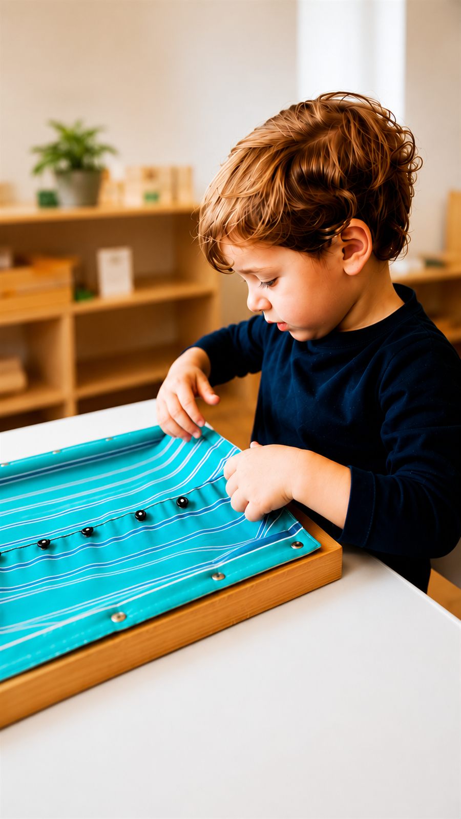 Copil lucrând cu material Montessori